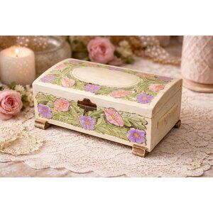 Vintage Hand Painted Floral Wooden Jewelry Box with Mirror Cottage Chic